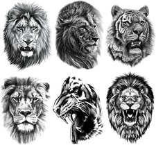 Large Temporary Tattoos for Men, 6-Sheet Black Lion King Tiger Tattoo Sticker...