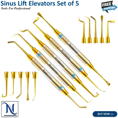 5 Pcs Sinus Lift Elevators Set For Membrane Placement gold Titanium Coated Kit