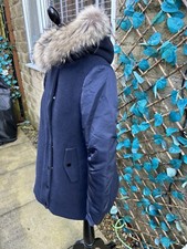 Sandro Paris Wool Nylon Coat Hooded Raccoon Fur Trim Size 1 Uk 8 Small S