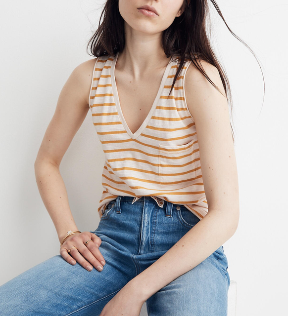 MADEWELL IVORY MUSTARD SLEEVELESS VNECK COTTON STRIPED WHISPER TANK