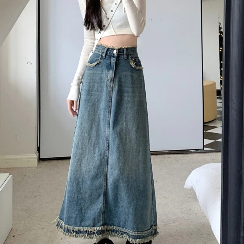 Vintage Lady Long Denim Skirt Jean A Line Distressed Fringe Raw Trim Casual  Chic