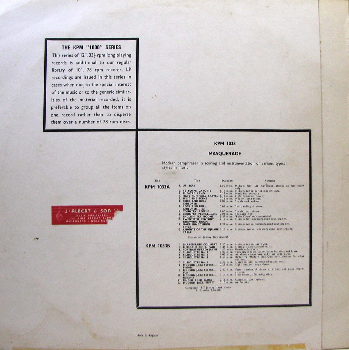 KPM 1000 Series MUSIC Recorded LIBRARY Masquerade LP SirH70 | eBay