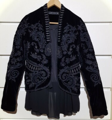 ZARA Embellished Frill Floral Embroidered Beaded Velvet Jacket Sz