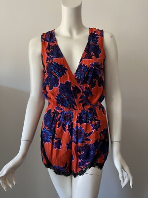 Lovers + Friends Brick Orange Floral Printed Can't Let Go Romper Jumpsuit  XS
