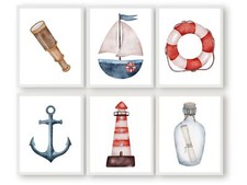Nautical Wall Art Print Lighthouse Boat Anchor Ship Wheel Compass Telescope W...