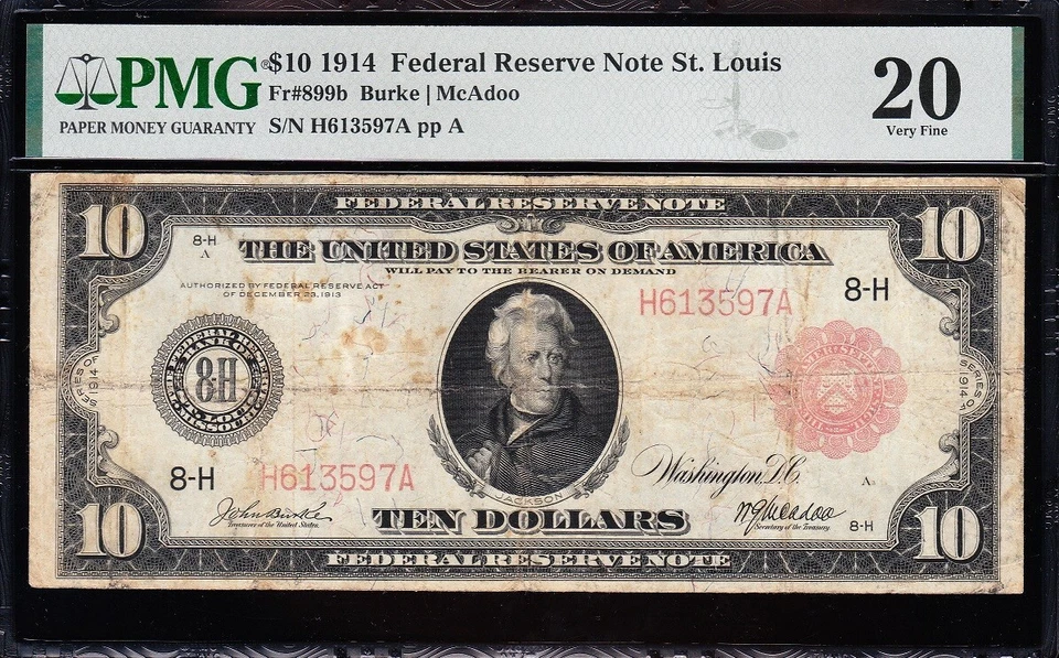 VERY NICE *RARE* VF graded 1914 $10 ST. LOUIS "RED SEAL" FRN Note! PMG 20! 3597A - Image 2 of 3