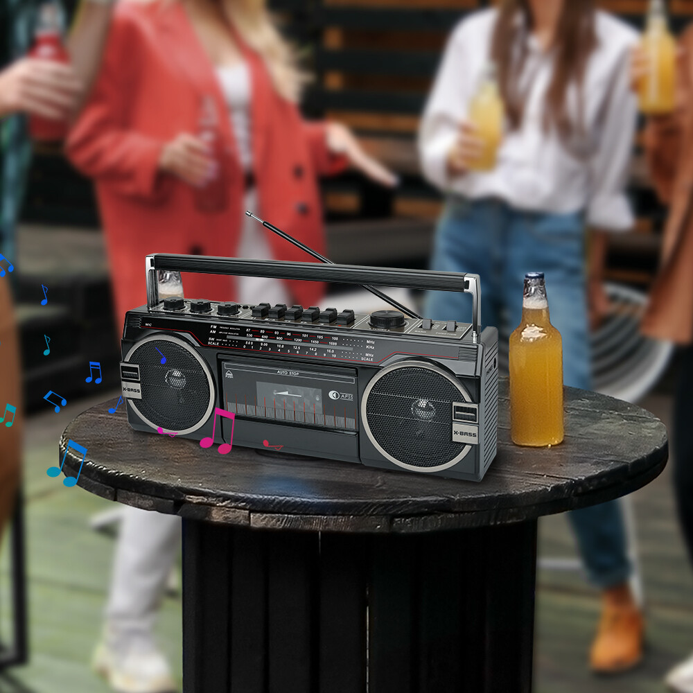 Retro Bluetooth Cassette Radio Player Recorder AM FM SD Portable Boombox Speaker