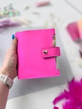 Hot Pink leather notebook cover A7 6 rings mini wallet, Mini Planner Binder.