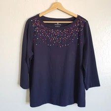 Talbots Rainbow Confetti Pom Pom Cotton Knit Top Navy Women's Large 3/4 Sleeves