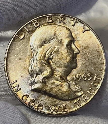 1963 D Franklin Half Dollar BU condition 90% Silver nicely toned.