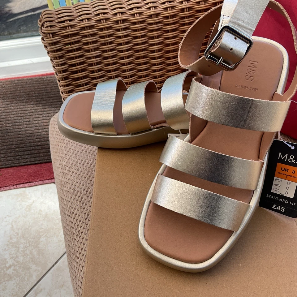 M&S Gold Leather Ankle Strap Gladiator Sandals Size 3 Brand New with Tags - Image 3 of 4