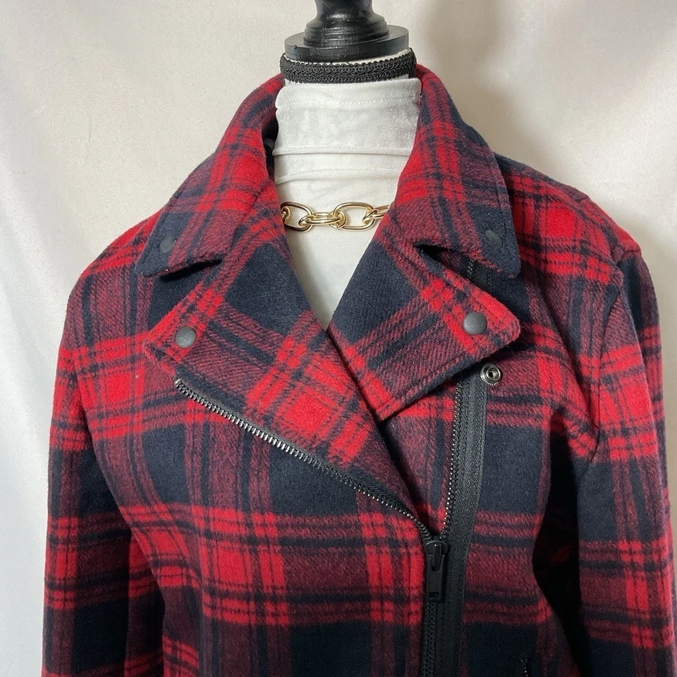 Chaqueta de motociclista Gap roja negra búfalo a cuadros lana poliéster cremallera frontal XL acogedora Foto 3 de 4
