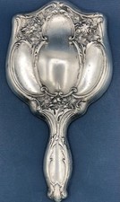 Antique Victorian-Style Silver Plate Repoussé Hand Mirror with Floral Rococo Motif