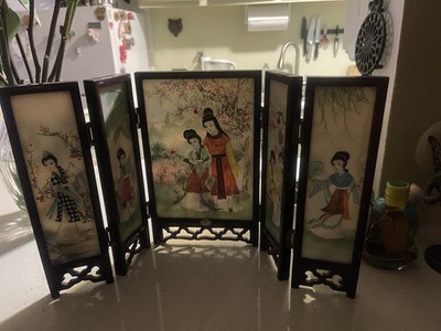 5 Panel Asian Mini Folding Screen with Painted Porcelain Panels and Carved Wood