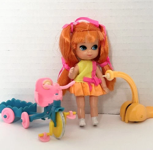 Liddle Kiddles Tracy Trikediddle Skediddle Trike Wagon Pusher Hair Bows Mattel