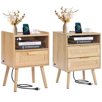 Rattan Nightstand End Table with Drawer/2 Drawers Open Shelf Boho Bedside Table