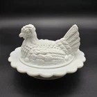 Vintage Mosser 6.5” White Milk Glass Hen On Nest Candy Dish, Trinket Dish