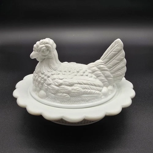 Vintage Mosser 6.5” White Milk Glass Hen On Nest Candy Dish, Trinket Dish