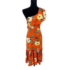 Urban Outfitters Carmen Orange One Shoulder Linen Knit Floral Midi Dress XS