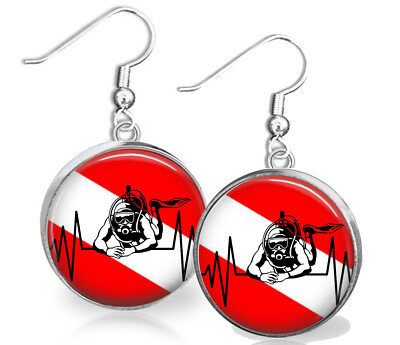 Scuba Diver Gift .925 Dangle Earrings Scuba Diving Flag Glass Top Gift Earrings