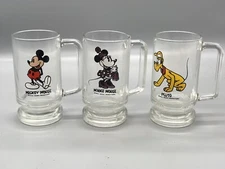 3 Vintage Walt Disney Drinking Glass Mug With Handle Mickey Minnie Pluto 6 Inch