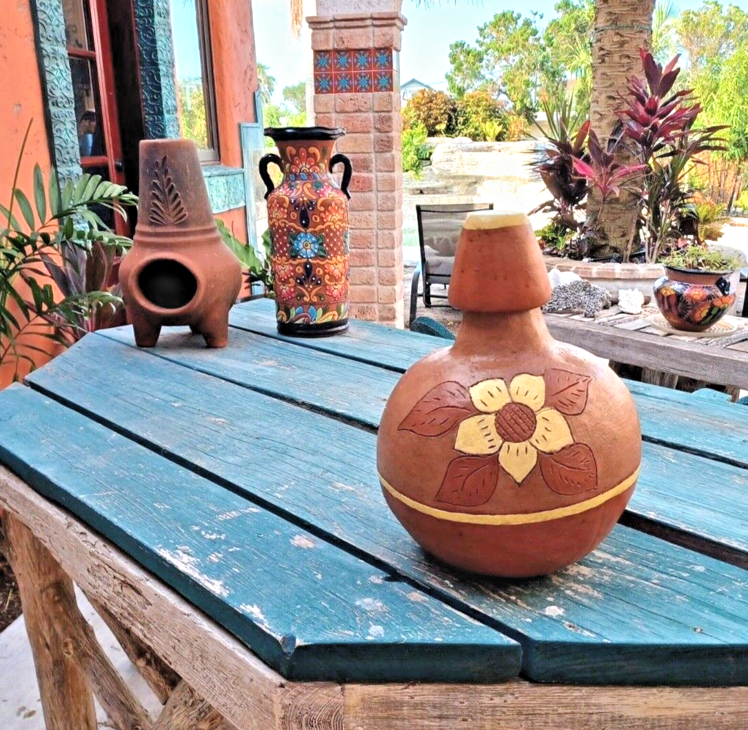 Mexican Pottery Water Jug Crock Terracotta Clay Pitcher Cup on Top