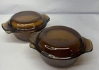 2 Vintage Fire King Anchor Hocking 472 Amber Baking Casserole Dish w/ Lids 12 oz
