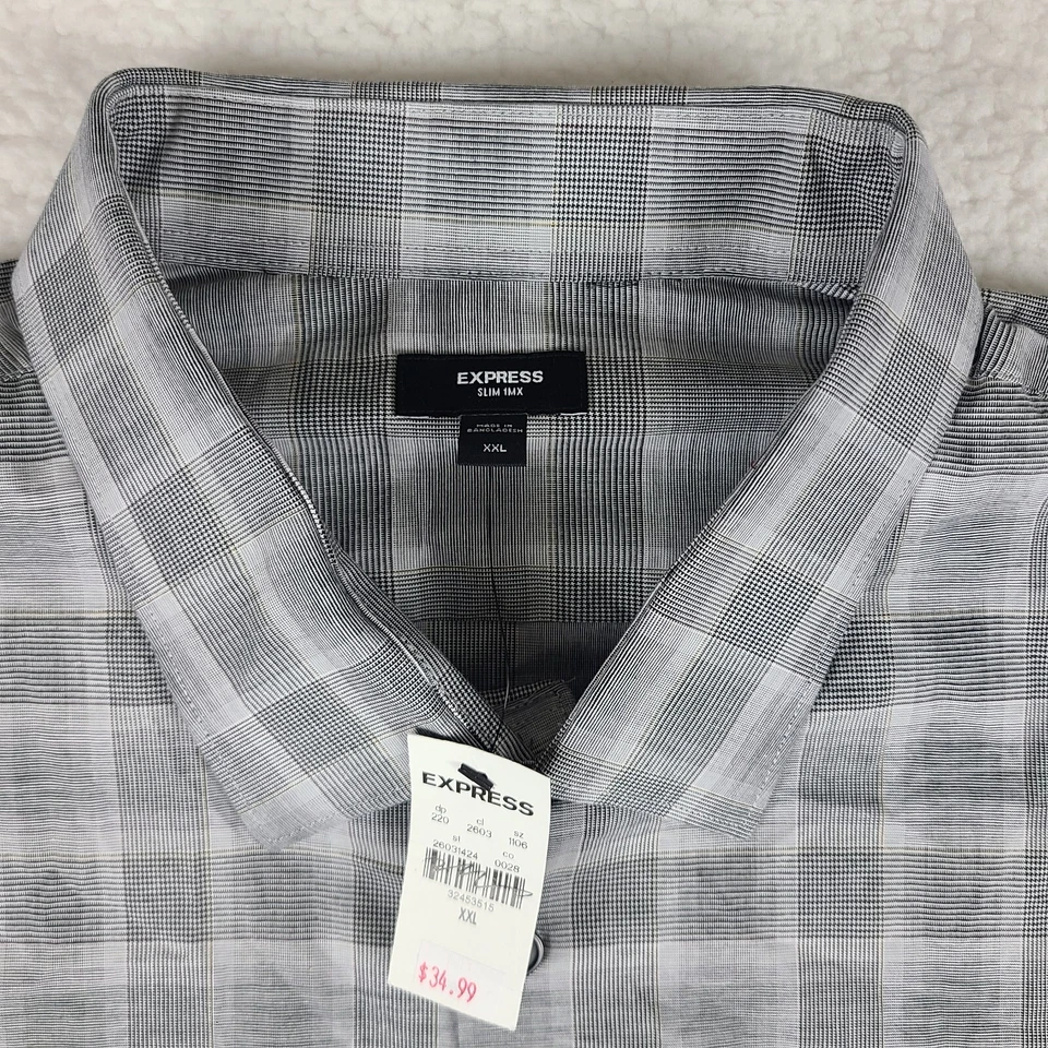 Camisa de Vestir Express Para Hombres 2XL XXL Gris A Cuadros Ajustada 1MX Abotonada NUEVA CON ETIQUETAS NUEVA Foto 4 de 4