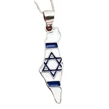 Sterling Silver Israel Map Jewish Star of David Pendant Blue and White Enamel