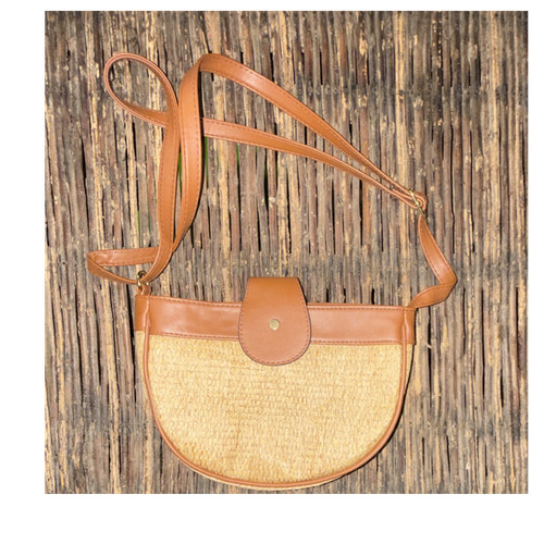 Small Half Moon Crossbody Bag Beige Brown Snap Gold Hardware Adjustable Strap - Picture 1 of 3