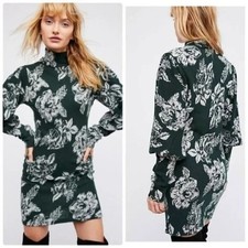 Free People Farrah Wool Blend Mini Dress Green Floral Mock Neck XS S M NEW
