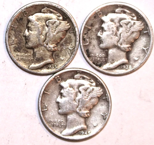 (3) Mercury Dimes - 1935S 1938P 1945P - Fine - #0816ED FREE SHIPPING