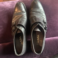 Prada Milano Black Leather Double Monk Strap Dress Shoes Brogue Cap Toe Men’s