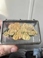 Vintage Stained Glass Dried Flowers Trinket Box Footed Hinged Mirror Bottom