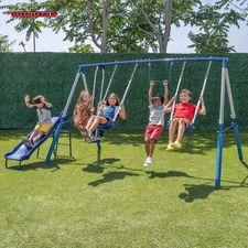 Arcadia Metal Swing Set with Trapeze,2 Person Glider Swing, 5' Double Wall Slide