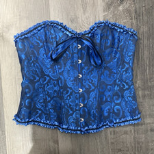 Women’s 2XL Blue/Black Overbust Strapless Boned Lace-Up Corset With Ribbon