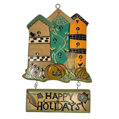 Vintage 90s JDI Fallbrook Hand Painted Wood Happy Holidays Hanging Fall 14'' H