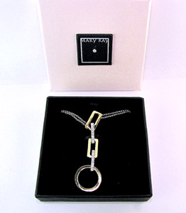 Mary Kay Necklace Gold Metal Rhinestone Drop Dangle Shapes Circle 18" Chain