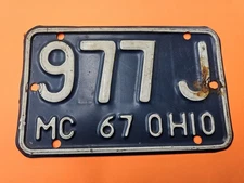 Vintage 1967 Ohio Motorcycle License Plate Tag Number 977 J  Original