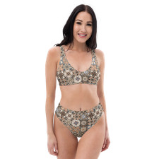 Bohemian Patchwork Custom Print Brown High-Waisted Bikini Sz XS-3XL