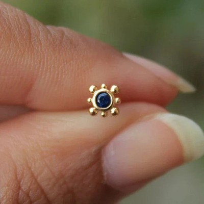 Dainty Stud Pair Earring Simulated Round Cut Sapphire In 14K Yellow Gold Plated