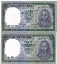 PORTUGAL 2 X 20 ESCUDOS 1960 PICK 163 RUNNING NUMBERS AUNC