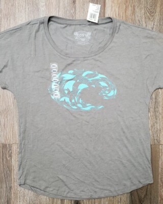 NEW Costa Women's S Gray T-Shirt Short Sleeve Blue Wave Graphic Longer Back SS