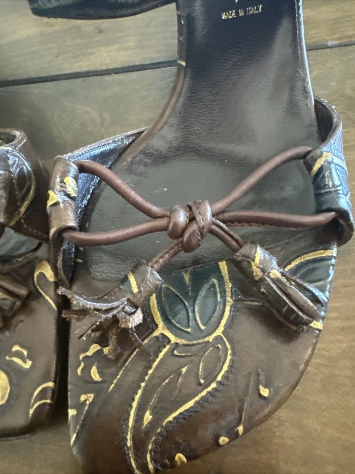 Sandalias Patrick Cox Tacones Cuero Marrón Talla 35 Borlas y Diseños Boho Foto 2 de 4