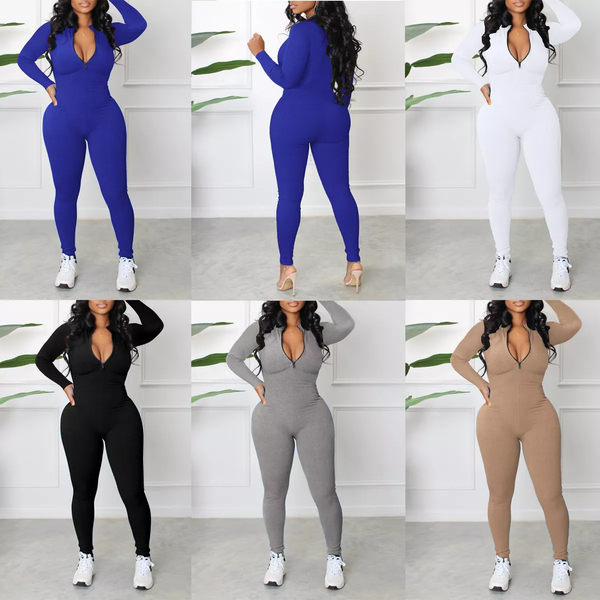 Women Sexy Zip Up Full Bodycon Jumpsuit Bodysuit Knit Rompers Catsuit  Clubwear