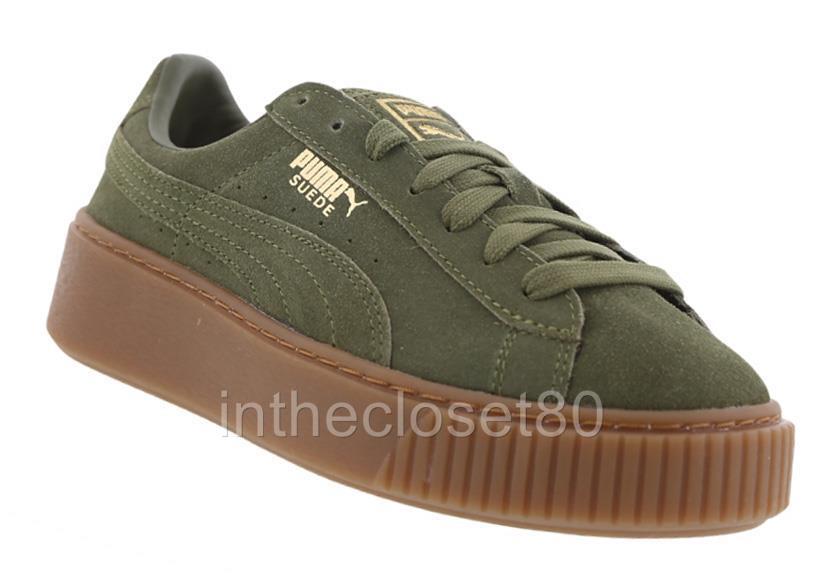 Puma Basket Suede Platform Creepers Olive Green Juniors Girls Womens Trainers Puma Basket Suede Platform Creepers Olive Green Juniors Girls Womens Trainers