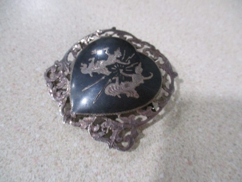 etched 40's Siam Nielloware Thai Hindu Goddess sterling silver heart broach pi n - Picture 2 of 7