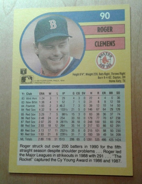 Roger Clemens Red Sox Pitcher 90 Fleer 1991 EBay