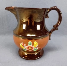 Mid 19th Century British Sprig Molded Flower Orange Band Copper Luster 6 " Jug