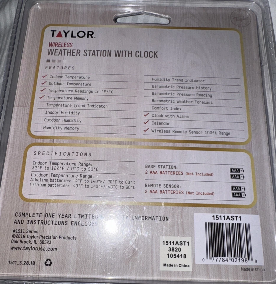 TAYLOR WEATHER STATION w/ CLOCK WIRELESS 100FT, Blue , 1511AST1 New - Image 2 of 2